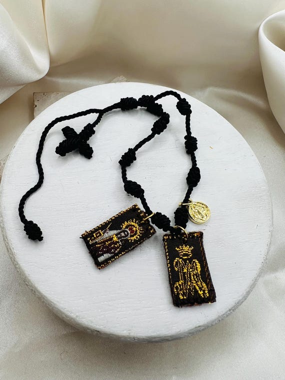 Black knot Scapular Bracelet with St. Benedict charm, 18k gold filled