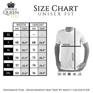 May include: Size chart for unisex t-shirts with measurements in inches and centimetres. The chart shows the width and length of the shirts in sizes XS, S, M, L, XL, and 2XL. The chart also includes a graphic of a t-shirt with the measurements labelled.