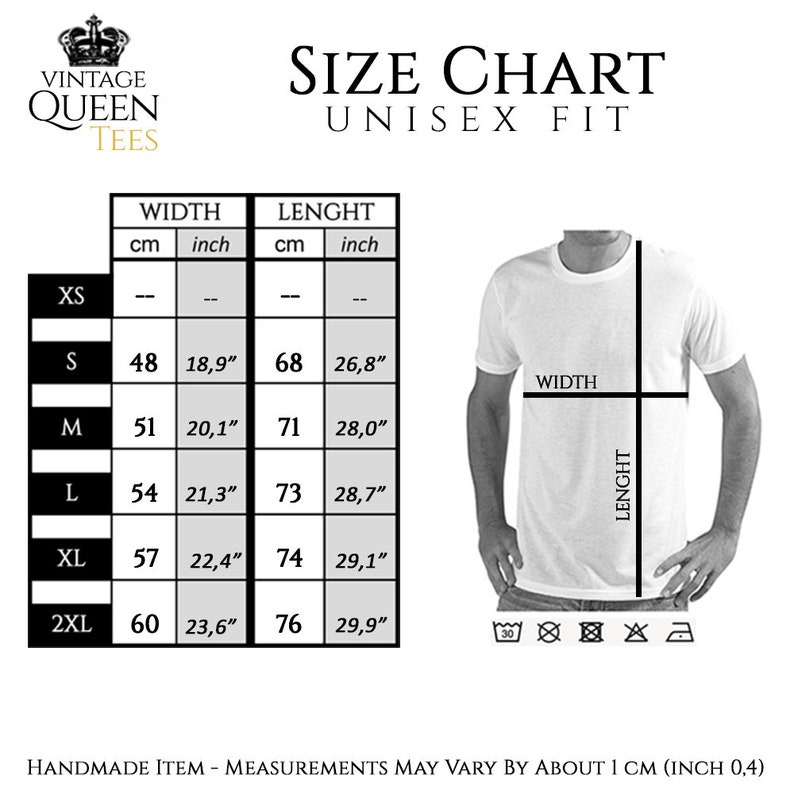May include: Size chart for unisex t-shirts with measurements in inches and centimetres. The chart shows the width and length of the shirts in sizes XS, S, M, L, XL, and 2XL. The chart also includes a graphic of a t-shirt with the measurements labelled.