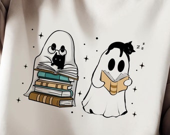 Söt spöke och katt som läser bok PNG, Retro Halloween PNG, Bokliknande spöke, Spöklik bokliknande PNG, Svart kattbok PNG, Bokliknande Halloween PNG