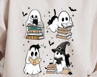 Söt spöke och katt som läser bok PNG, Retro Halloween PNG, Bokliknande spöke, Spöklik bokliknande PNG, Svart kattbok PNG, Bokliknande Halloween PNG