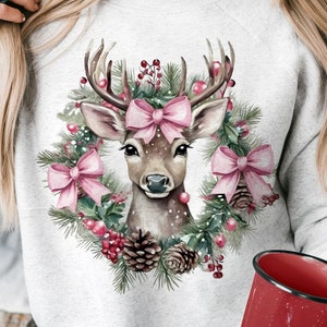 Rentier Hirsch Png, Kokette Rentier Png Design für Weihnachten, Hirsch Png, rosa Weihnachten Png, rosa Bogen Weihnachten, Sublimationsentwurf