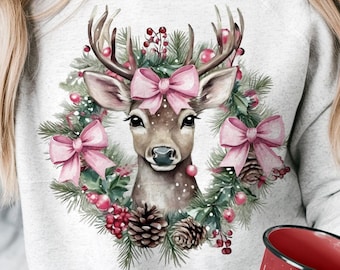 Renna Cervo Png, Coquette Renna png Design per Natale, Cervo Png, Natale rosa png, Fiocco rosa Natale, Design a sublimazione