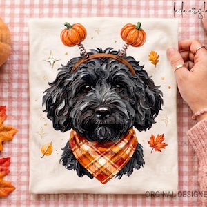 Puede incluir: Una camiseta de color crema con el gráfico de un perro negro de pelo rizado que lleva un pañuelo a cuadros y una diadema con dos calabazas naranjas. El diseño incluye pequeñas estrellas doradas y hojas de otoño naranjas.
