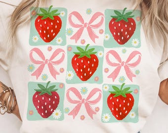 Retro Checkered Strawberry Coquette Png, Boho Floral Png, Berry Png, Trendy Summer Png, Strawberry Festival Png, Digital Download