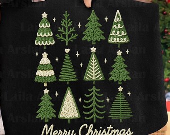 May include: Black Christmas-themed tote bag featuring various green Christmas tree designs with white star accents. The words "Merry Christmas" are written in a cursive font at the bottom of the bag. The bag is held by a person.