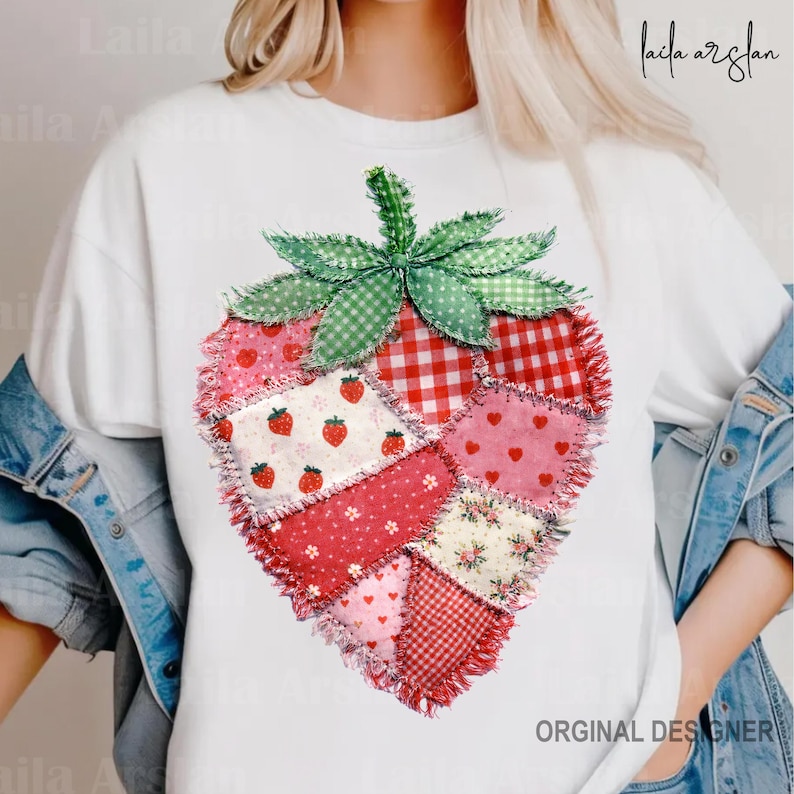 Patchwork Strawberry PNG Vintage Quilt Strawberry Design, Retro Summer png, Printable Strawberry Art image 7