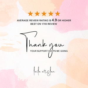 Puede incluir: Una tarjeta gr&aacute;fica cuadrada con un fondo de acuarela en tonos rosa y melocot&oacute;n. Presenta cinco estrellas naranjas, el texto AVERAGE REVIEW RATING IS 4.9 OR HIGHER BEST ON 1700 REVIEW, Thank you YOUR SUPPORT KEEPS ME GOING, y laila arslan.