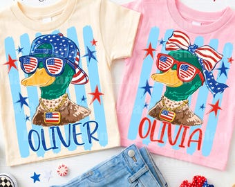 Striped Custom Kids Name 4th of July Patriotic Mallard Duck PNG Personalized Boy Girl Designs
