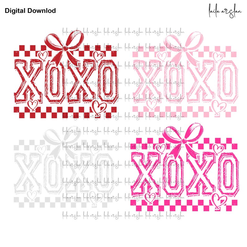 Puede incluir: Una descarga digital de tres variaciones de un dise&ntilde;o gr&aacute;fico que presenta el texto "XOXO" en un esquema de color rojo, rosa y blanco. El texto est&aacute; en una fuente en negrita y en bloque y est&aacute; rodeado de un patr&oacute;n a cuadros y corazones. Cada dise&ntilde;o incluye un lazo rosa.