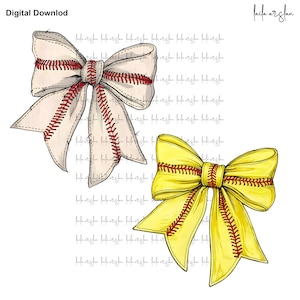May include: Two baseball-themed bows, one in beige and one in yellow, with red stitching. The bows are tied in a classic style with the ends of the ribbon flowing down.