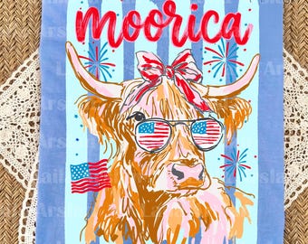 Patriotic Moorica Highland Cow PNG, 4th of July Cow Sublimation Design, Girly Trendy, Preppy Farm Shirt Design, Independence Day