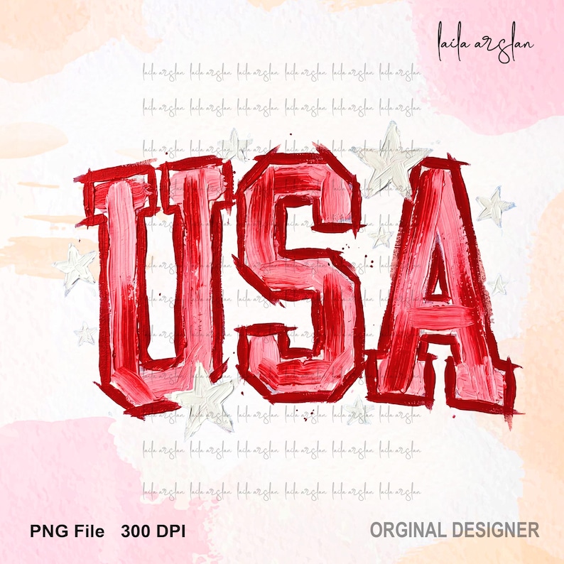 May include: A digital art design featuring the word "USA" in bold, red brushstrokes with a gradient effect. White stars are scattered around the letters against a watercolor-style background. The design includes the text "PNG File 300 DPI" and "ORGINAL DESIGNER".