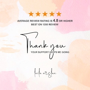 May include: A graphic with a watercolor background in shades of pink and peach. The text reads "Thank you" in elegant script, with "Your support keeps me going" below. Above, gold stars indicate a high review rating.