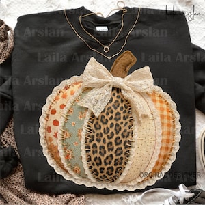 Abóbora Patchwork PNG, Abóbora Leopardo PNG, Sublimação de Abóbora de Outono, Abóbora com Laço de Renda, Design de Camiseta Coquette Outono