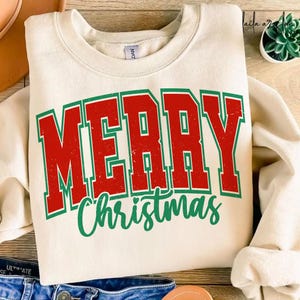 Merry Christmas SVG PNG Distressed & Solid, Retro Christmas Shirt SVG Christmas Png Sublimation, Cricut Cut File, Varsity College Sweatshirt