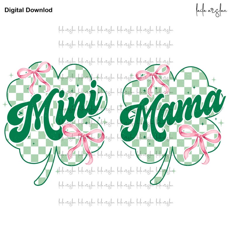 May include: Green shamrock design with the text "Mini Mama" in a green retro font. Pink bows with white polka dots are on each shamrock.