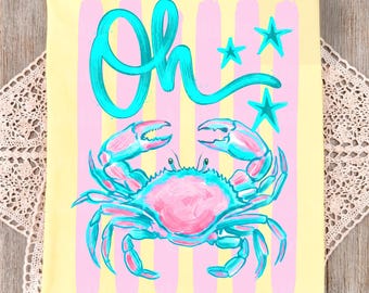 Oh Crab PNG, Funny Coastal Crab Sublimation Design, Girly Kid Trendy Shirt Design, Trending Stripes Design, Preppy Summer Vacation Shirt PNG