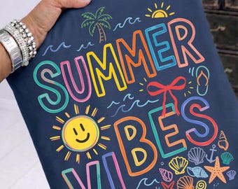 Sommarvibbar PNG sublimeringsdesign, strandsommarskjorta PNG, digital nedladdning av retro sommarvibbar, boho sommar Cricut PNG