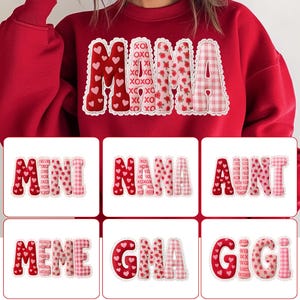 Paquete de mamá de San Valentín, Mimi, Nana, Gigi, tía, letras navideñas de patchwork para sublimación, XOXO, encaje rosa para mamá de San Valentín