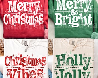 Christmas PNG SVG Bundle, Retro Distressed Holiday Shirt Design Merry & Bright, Christmas Vibes Print Sublimation