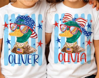 Striped Custom Kids Name 4th of July Patriotic Mallard Duck PNG Personalized Boy Girl Designs