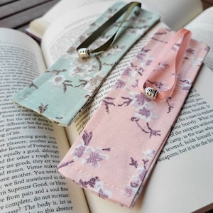 Set of 2 fabric waterproof cherry blossom bookmarks with satin string and metal tassel image 1