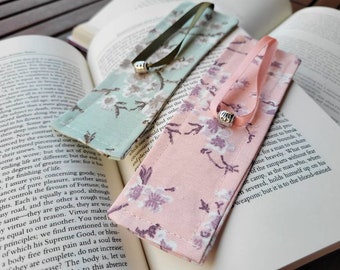 Set of 2 fabric waterproof cherry blossom bookmarks with satin string and metal tassel