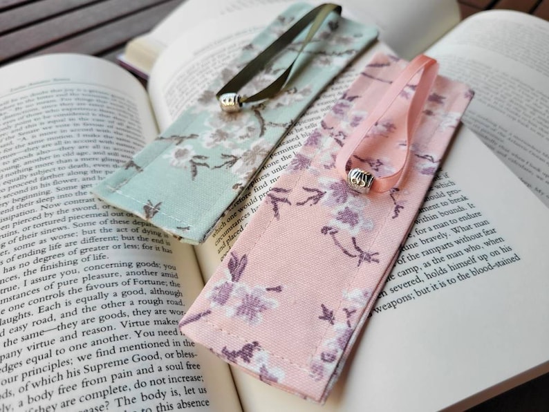 Set of 2 fabric waterproof cherry blossom bookmarks with satin string and metal tassel image 1