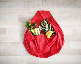 Reusable red grocery bag, Large farmers market bag, Sustainable foldable shopping bag, Zero waste food tote bag