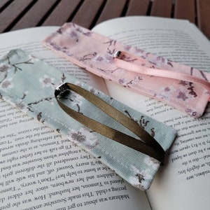 Set of 2 fabric waterproof cherry blossom bookmarks with satin string and metal tassel image 3