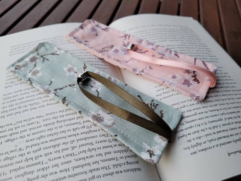 Set of 2 fabric waterproof cherry blossom bookmarks with satin string and metal tassel image 3