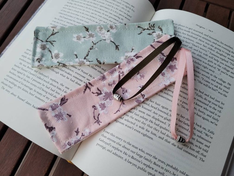 Set of 2 fabric waterproof cherry blossom bookmarks with satin string and metal tassel image 9