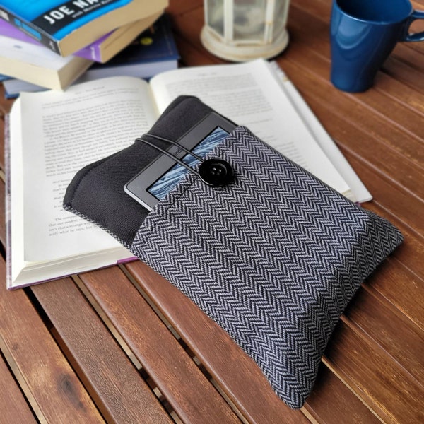 Herringbone fabric Book Sleeve , Padded Large Book Sleeve with Button Closure, Fine Wool Custom Book Sleeve for men