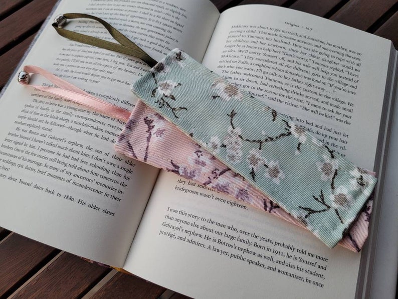 Set of 2 fabric waterproof cherry blossom bookmarks with satin string and metal tassel image 8