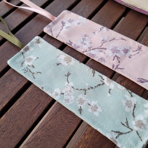 Set of 2 fabric waterproof cherry blossom bookmarks with satin string and metal tassel image 5