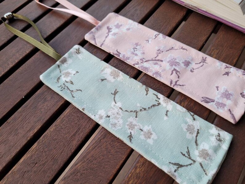 Set of 2 fabric waterproof cherry blossom bookmarks with satin string and metal tassel image 5