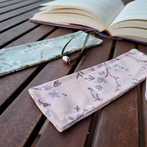 Set of 2 fabric waterproof cherry blossom bookmarks with satin string and metal tassel image 6