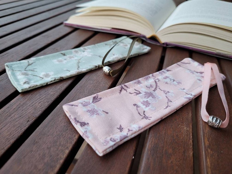 Set of 2 fabric waterproof cherry blossom bookmarks with satin string and metal tassel image 6