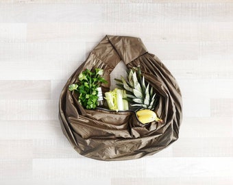 Reusable khaki grocery bag, Large farmers market bag, Sustainable foldable shopping bag, Zero waste food tote bag