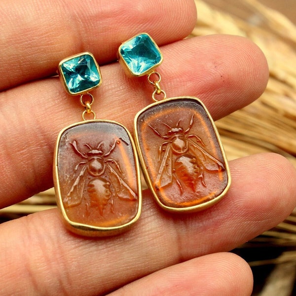 Intaglio Glass Bee Earrings, Blue Topaz Earrings Antique Greek Zeus Earrings, Silver Bee Earrings, Personalized Gifts For