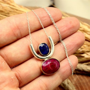 Sapphire and Ruby Silver Necklace  Birthstone Necklace, Gift,Gemstone Necklace Sapphire necklace Ruby Necklace Handmade Necklace