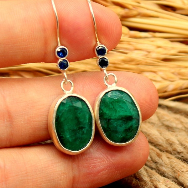 Natural Emerald Sterling Silver Earrings, Silver Drop Dangle  Earrings Emerald Earrings Personalized Gifts For Her Gift For Her