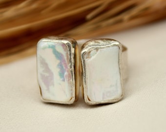 Anillo de plata con dos perlas barrocas grandes de 3 mm, anillo llamativo, anillo de plata esterlina, perla de agua dulce, regalo personalizado para el Día de la Madre.