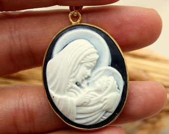 Antique Cameo Virgin Mary And Jesus Silver Pendant, Carved Mary Pendant, Greek Neo Classical, Personalized Gift For Her Gift For Her