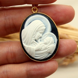 Antique Cameo Virgin Mary And Jesus Silver Pendant, Carved Mary Pendant, Greek Neo Classical, Personalized Gift For Her Gift For Her image 1