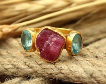 Natürlicher Rubin und Blautopas Ring, Silberring, Sterlingsilberring, Multi-Steinring, einzigartiger Ring, Vintage-Ring, Geschenk für Mama, Geschenk für sie