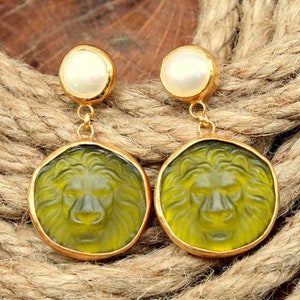 Intaglio Lion and Pearl Earrings, Antique Greek Lion Earrings, Leo Zodiac Sign Earrings Gifts For Her Lion Earrings Leo Earrings