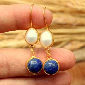 Pearl And Lapis Lazuli Silver Earrings, Pearl Of Mom, Gift For Her, Sterling Silver Earrings, Personalized Gift For Her,  Dangle Earring