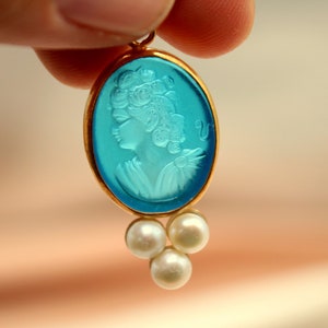 Antique Intaglio Greek God Aphrodite And Pearl Silver Pendant, Glass Pendant, Greek Neo Classical, Personalized Gift For Her Gift For Her